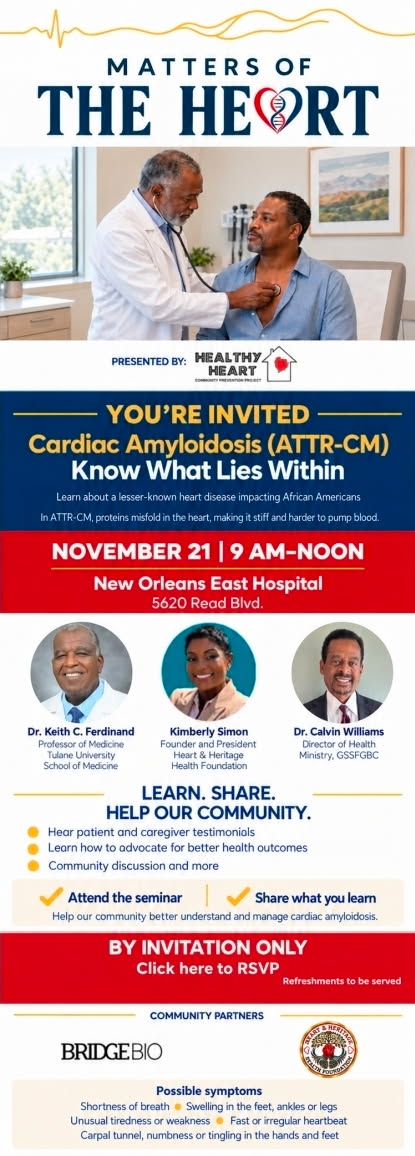 Matters of the Heart — Cardiac Amyloidosis seminar flyer, November 21 at New Orleans East Hospital