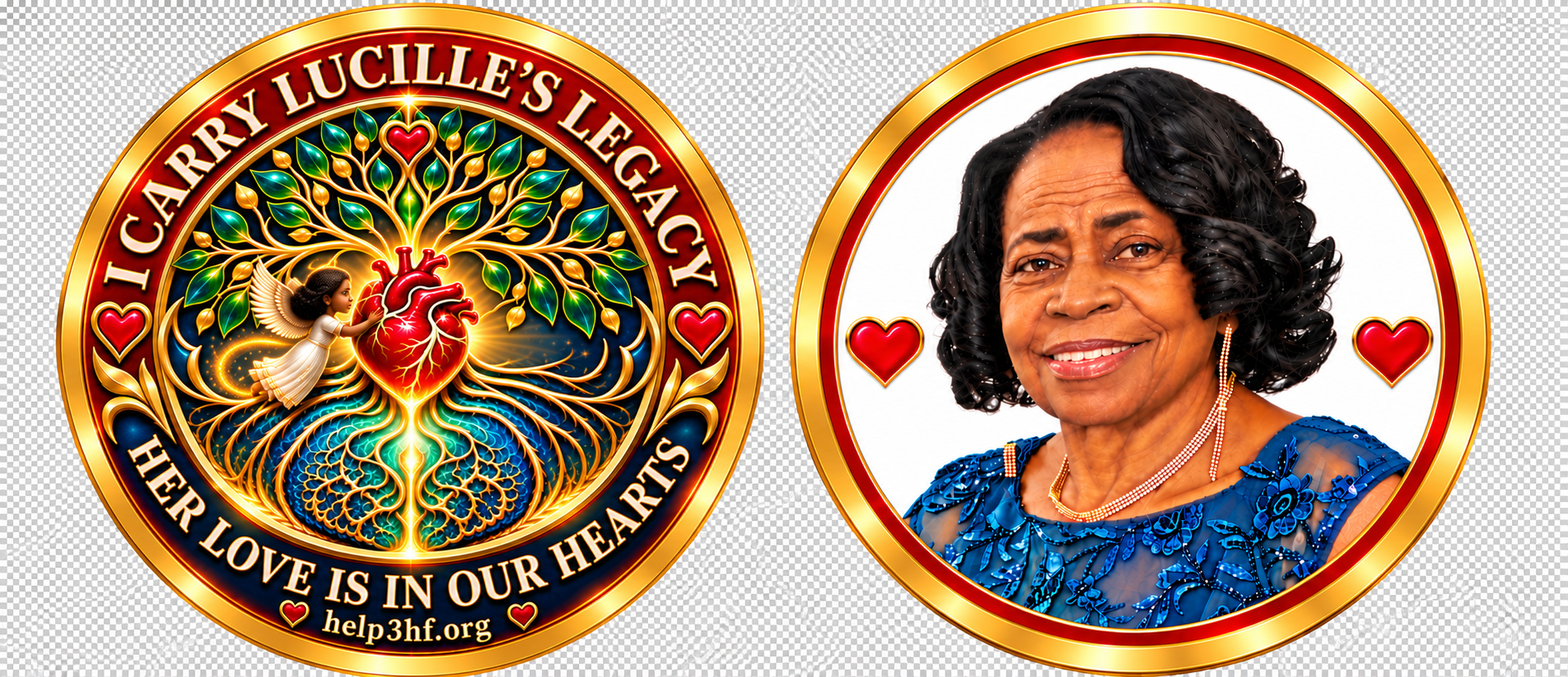 Lucille T. Bonvillian Legacy Coin — front showing the Living Tree, back showing her portrait
